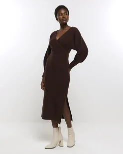 River Island long sleeve jumper midi dress Brown Online