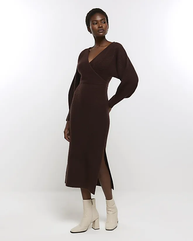 River Island long sleeve jumper midi dress Brown Online