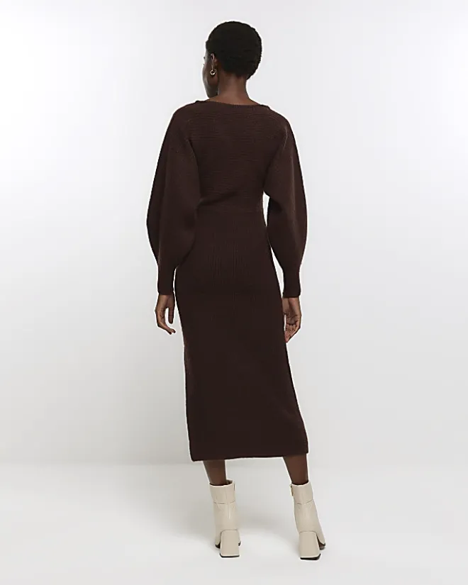 River Island long sleeve jumper midi dress Brown Online