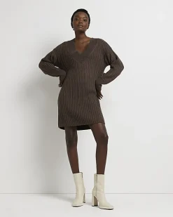 River Island long sleeve jumper mini dress Brown Sale