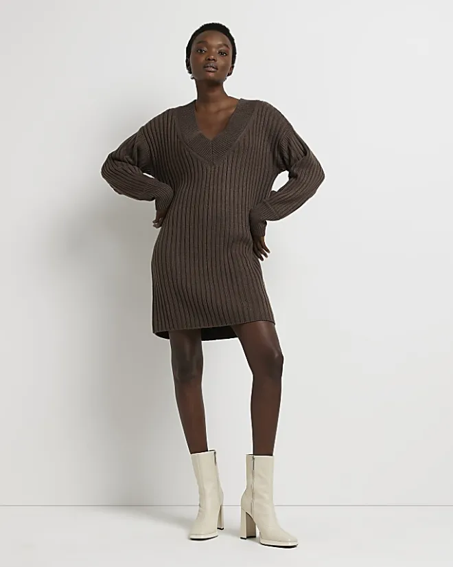 River Island long sleeve jumper mini dress Brown Sale