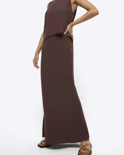 River Island maxi bias skirt with linen Brown Fashion