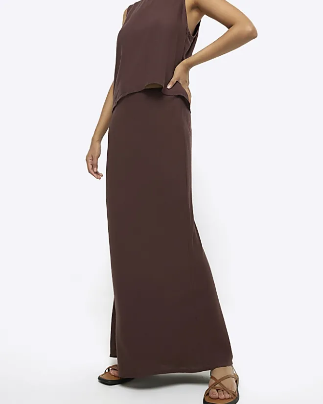 River Island maxi bias skirt with linen Brown Fashion