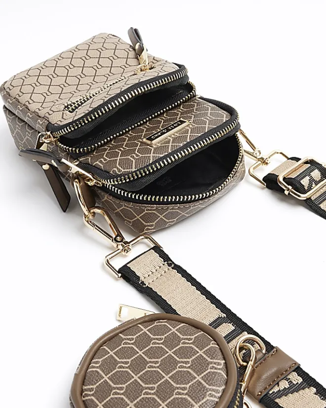River Island monogram phone holder bag Brown Clearance