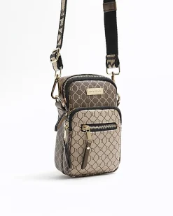 River Island monogram phone holder bag Brown Clearance
