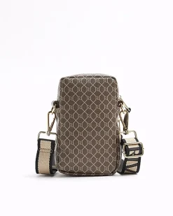 River Island monogram phone holder bag Brown Clearance