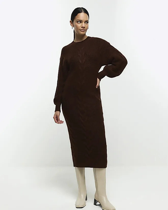 River Island plait jumper midi dress Brown Discount