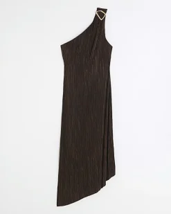 River Island plisse asymmetric bodycon midi dress Brown Clearance