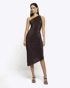 River Island plisse asymmetric bodycon midi dress Brown Clearance