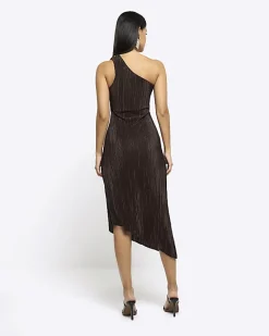 River Island plisse asymmetric bodycon midi dress Brown Clearance