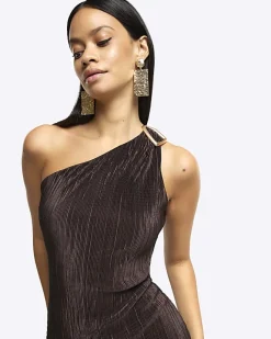 River Island plisse asymmetric bodycon midi dress Brown Clearance