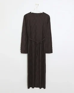River Island plisse tie waist bodycon midi dress Brown Clearance