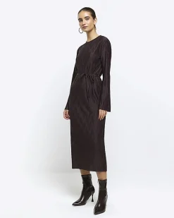 River Island plisse tie waist bodycon midi dress Brown Clearance
