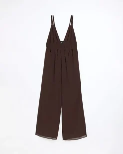 River Island Plunge Cut Out Jumpsuit Brown New