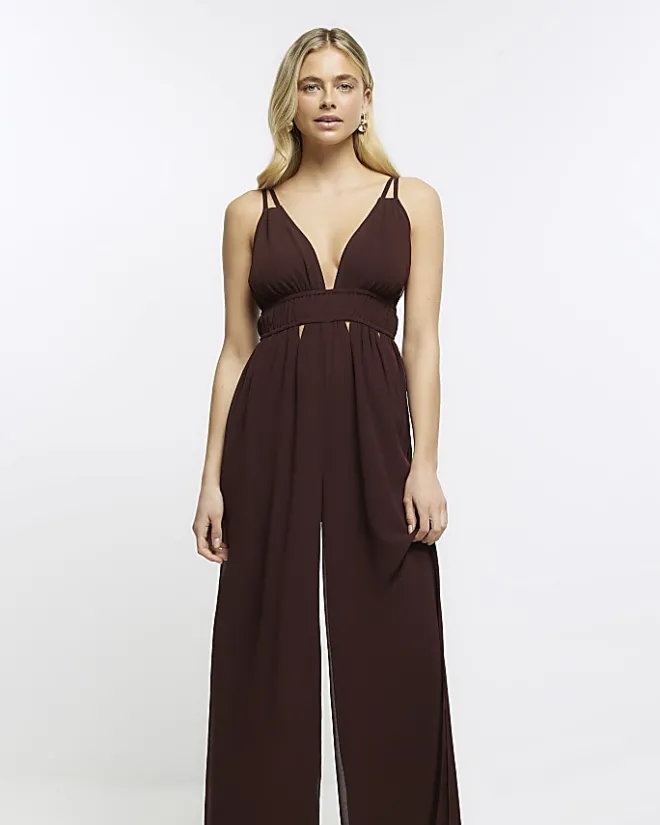 River Island Plunge Cut Out Jumpsuit Brown New