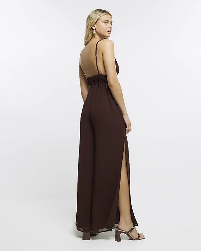 River Island Plunge Cut Out Jumpsuit Brown New