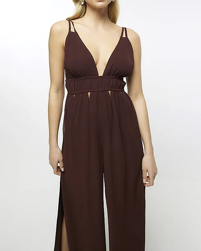 River Island Plunge Cut Out Jumpsuit Brown New