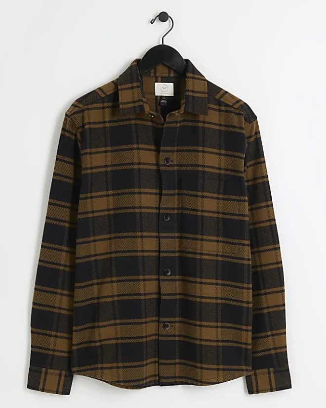 River Island regular fit check long sleeve shirt Brown Outlet