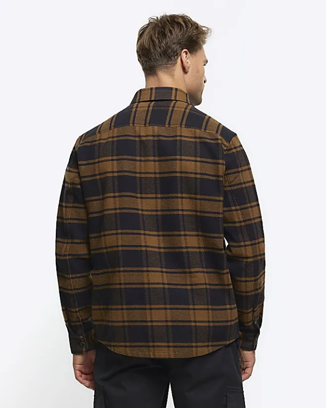 River Island regular fit check long sleeve shirt Brown Outlet