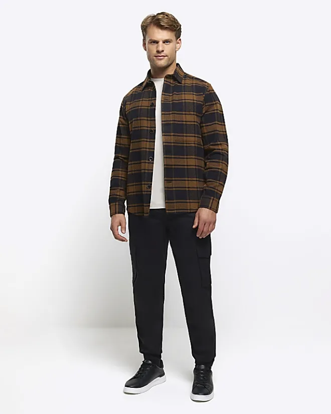 River Island regular fit check long sleeve shirt Brown Outlet