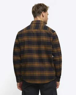 River Island regular fit check long sleeve shirt Brown Outlet