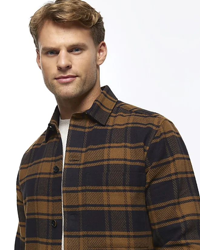 River Island regular fit check long sleeve shirt Brown Outlet