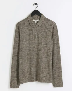 River Island regular fit cross hatch jacquard polo Brown Fashion