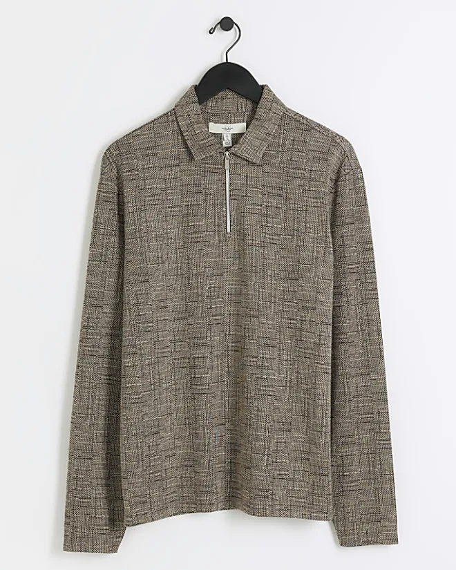 River Island regular fit cross hatch jacquard polo Brown Fashion