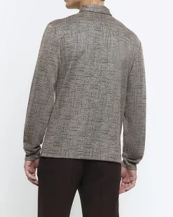 River Island regular fit cross hatch jacquard polo Brown Fashion