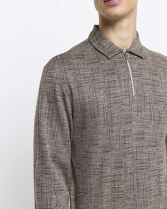River Island regular fit cross hatch jacquard polo Brown Fashion