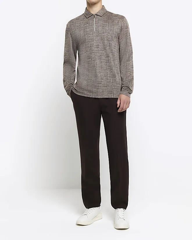 River Island regular fit cross hatch jacquard polo Brown Fashion
