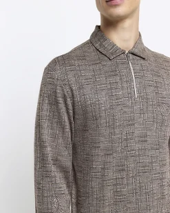 River Island regular fit cross hatch jacquard polo Brown Fashion