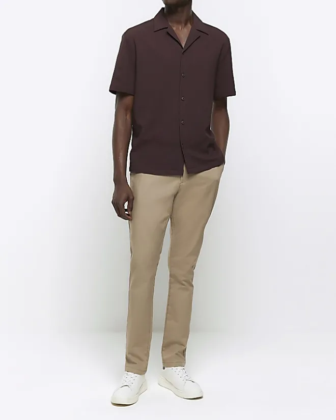 River Island regular fit seersucker revere shirt Brown Fashion