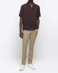 River Island regular fit seersucker revere shirt Brown Fashion