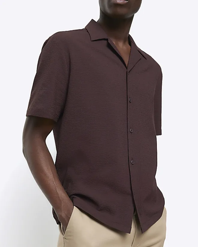 River Island regular fit seersucker revere shirt Brown Fashion