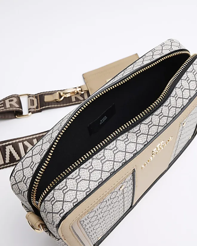 River Island RI monogram boxy cross body bag Brown Clearance