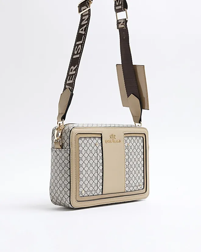 River Island RI monogram boxy cross body bag Brown Clearance