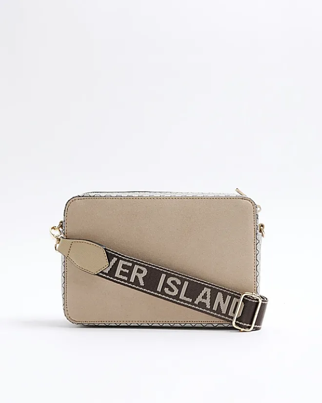 River Island RI monogram boxy cross body bag Brown Clearance