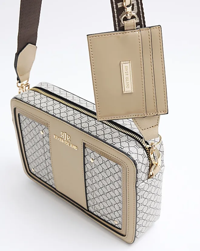 River Island RI monogram boxy cross body bag Brown Clearance