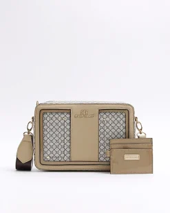 River Island RI monogram boxy cross body bag Brown Clearance