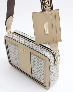 River Island RI monogram boxy cross body bag Brown Clearance