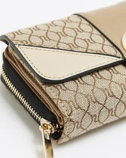 River Island RI monogram fold out purse Brown New
