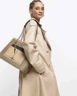 River Island RI monogram pocket tote bag Brown Best