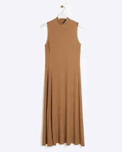 River Island rib high neck bodycon midi dress Brown New