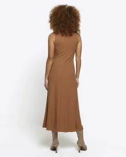 River Island rib high neck bodycon midi dress Brown New
