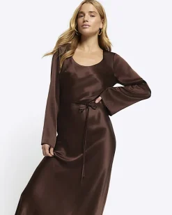 River Island satin belted slip midi dress Brown New