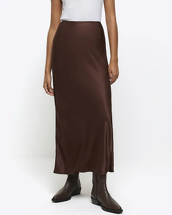 River Island satin midi skirt Brown Outlet