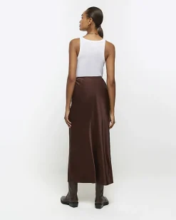 River Island satin midi skirt Brown Outlet