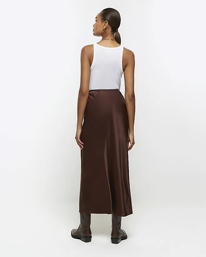 River Island satin midi skirt Brown Outlet