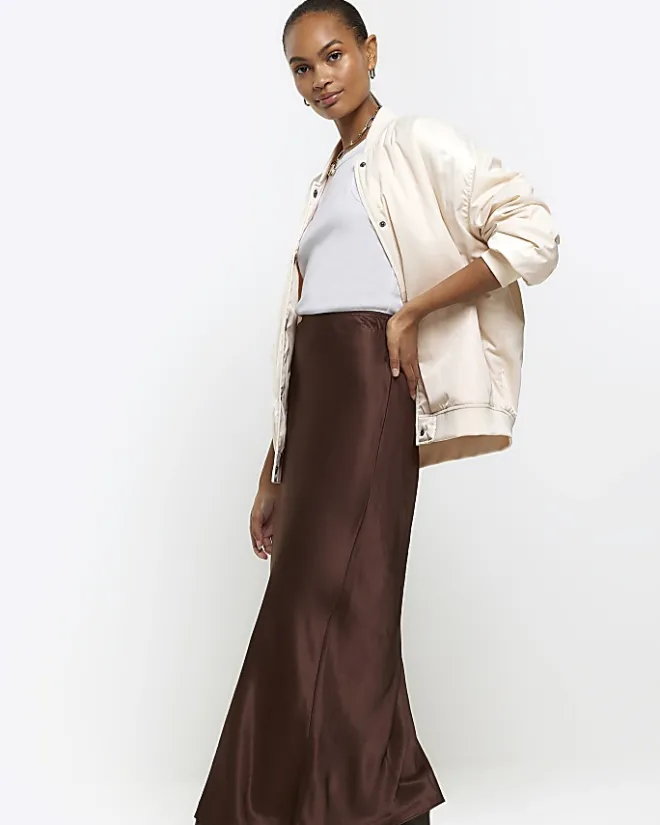 River Island satin midi skirt Brown Outlet
